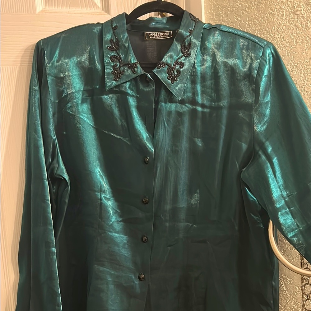 Impressions Shimmering Teal Blouse with Embellished Collar